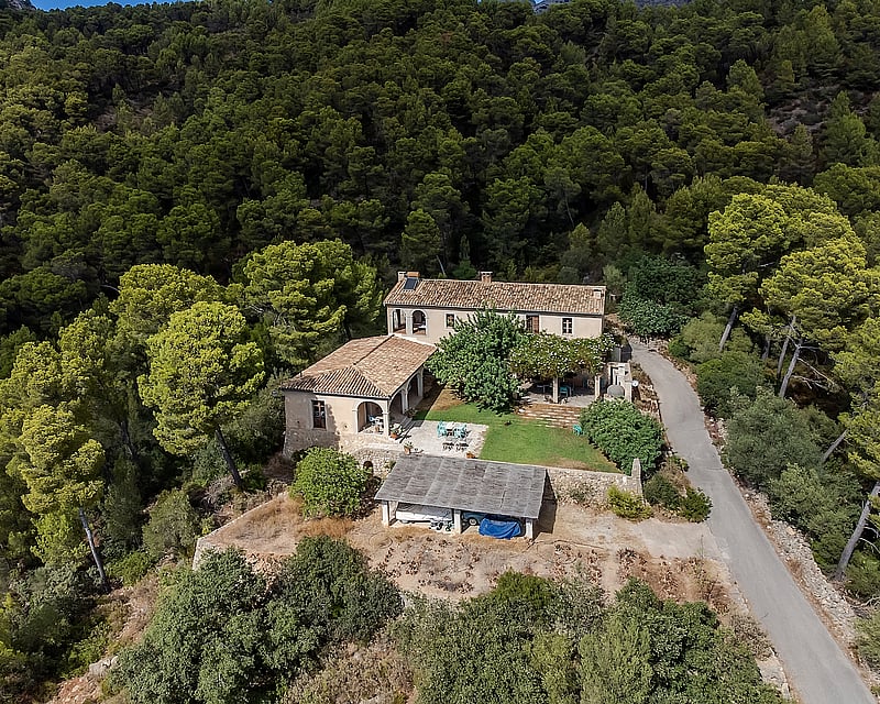 Bird's eye view of a rustic villa with terracotta roofs surrounded by a dense green pine forest on a hillside.