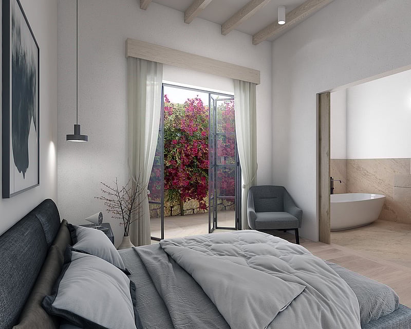 Modern bedroom with wooden beams, access to a garden with bougainvillea, and an integrated bathroom with a soaking tub.