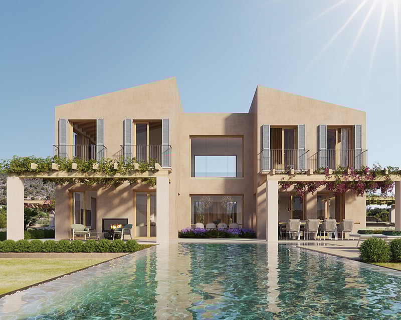 Exterior view of a modern two-story villa with a large swimming pool, pergolas, and mountain views under a clear sky.