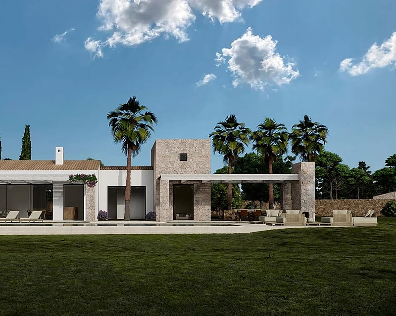 Luxury white and stone villa with swimming pool, palm trees, and green lawn under a clear blue sky.