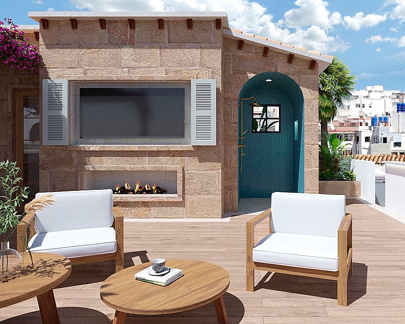 Rooftop terrace with wooden deck, stone wall, outdoor fireplace, TV, turquoise shower, and city view.