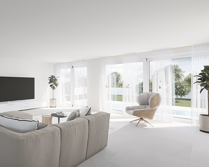 Bright living room with beige sectional sofa, floor-to-ceiling windows, and garden view with pool.
