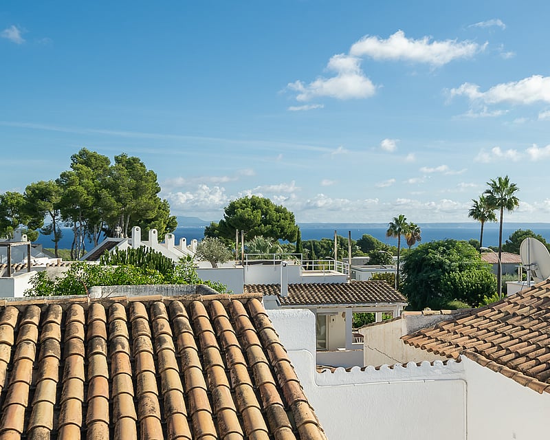 Elevated view of terracotta roofs, white walls, and palm trees with the blue sea in the background under a sunny sky.