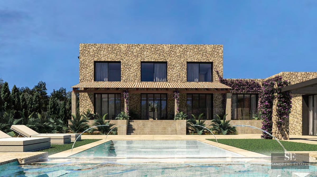 Modern stone villa featuring a designer pool with water jets, sun loungers, and Mediterranean landscaping.