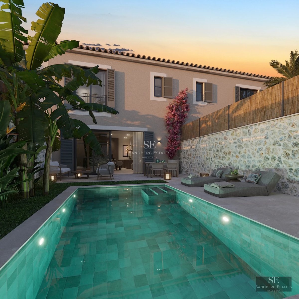 Exterior of modern villa with infinity pool, wooden deck, panoramic views, and elegant furniture. Soft sunset lighting.