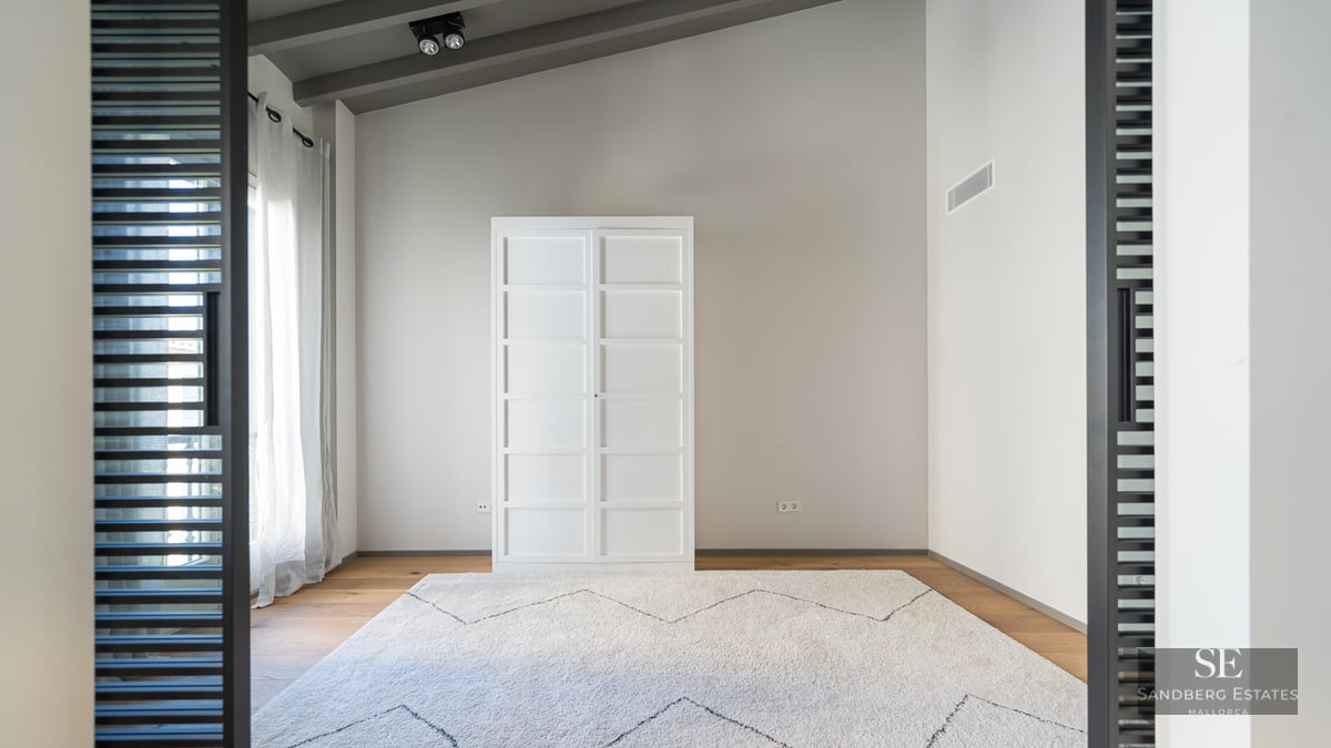 Modern empty room with white wardrobe, light wood floors, textured rug, and slanted ceiling with grey beams.