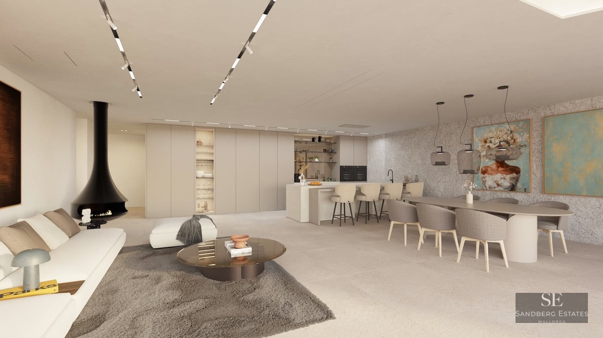 Spacious open-plan living area with white sofa, modern black fireplace, dining set, and minimalist kitchen in neutral tones.