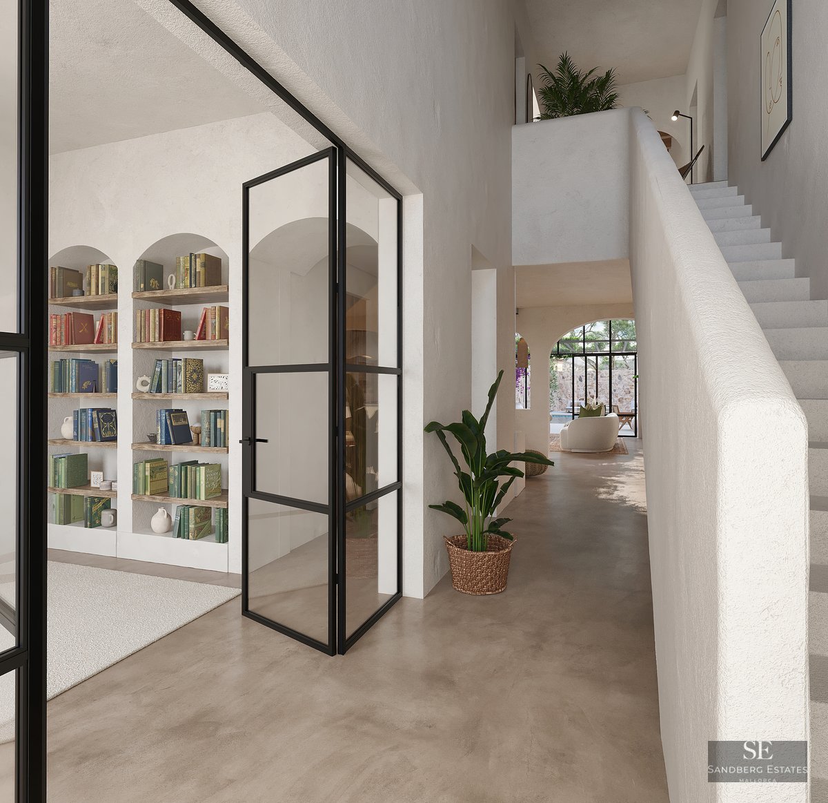 Bright hallway featuring arched built-in bookshelves, black-framed glass doors, and a minimalist white staircase.
