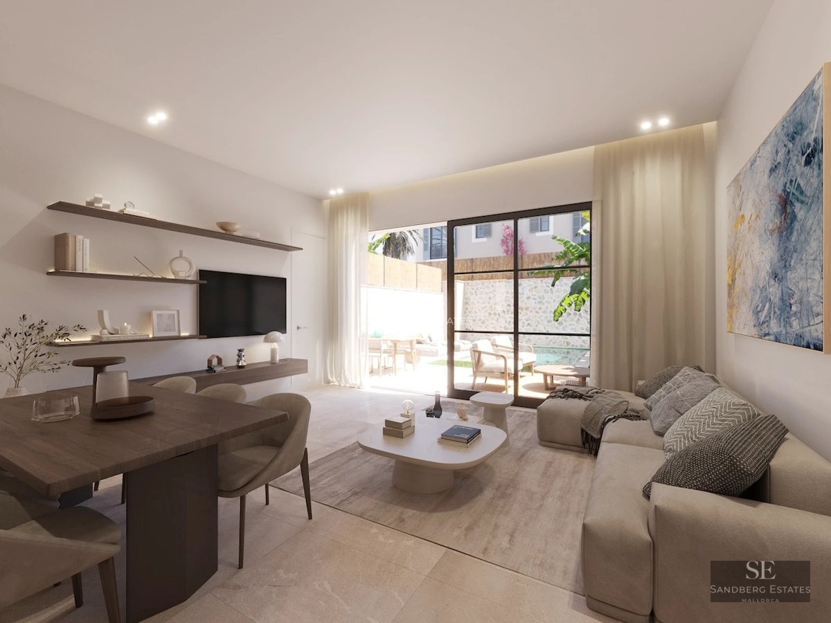 Bright interior with glass balcony, sea view and modern furniture. Open space with design details.