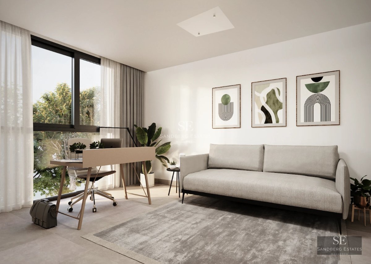 Spacious living room with panoramic sea views. Modern interior with beige sofa and coffee table. Abundant natural lighting.