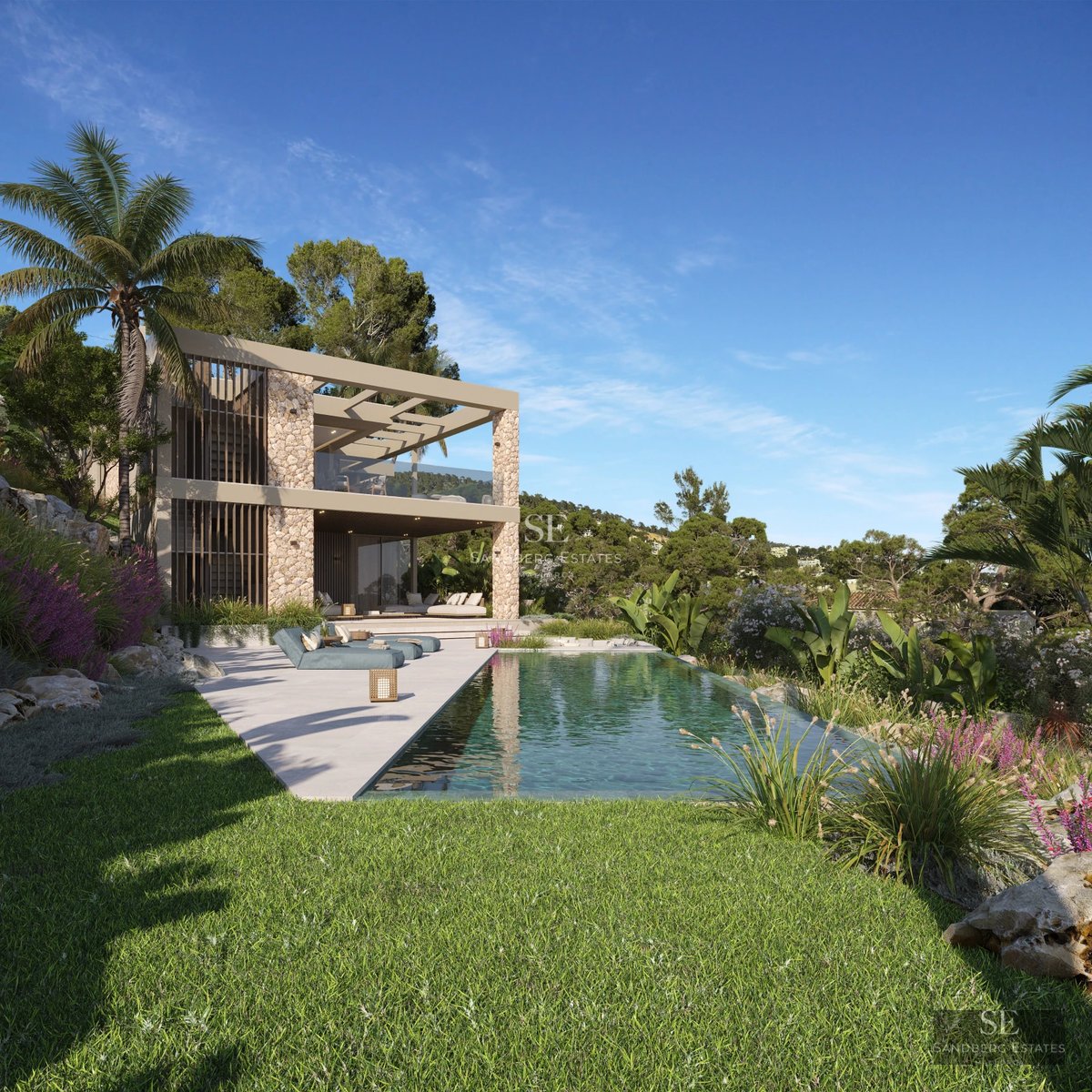 Spacious terrace with infinity pool and panoramic views. Modern architecture, elegant sun loungers and umbrellas. Lush vegetation.