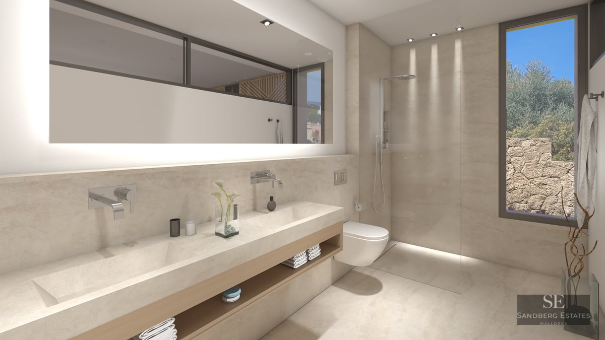 Modern master bathroom featuring a double stone vanity, large backlit mirror, and glass walk-in shower.