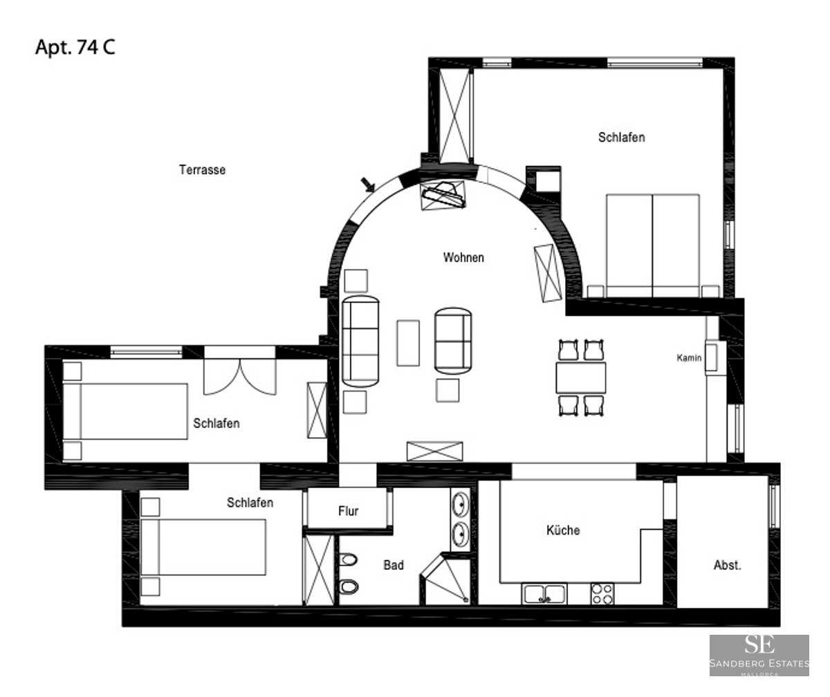 2D architectural floor plan of an apartment with three bedrooms, a large living area, kitchen, and terrace.