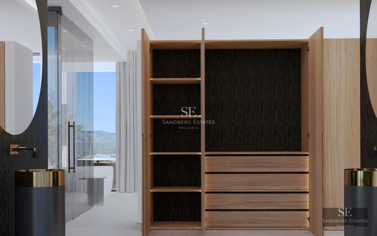 Exterior of a modern villa with pool, sun loungers, and manicured garden. Minimalist architecture, clean lines, and large glass windows.