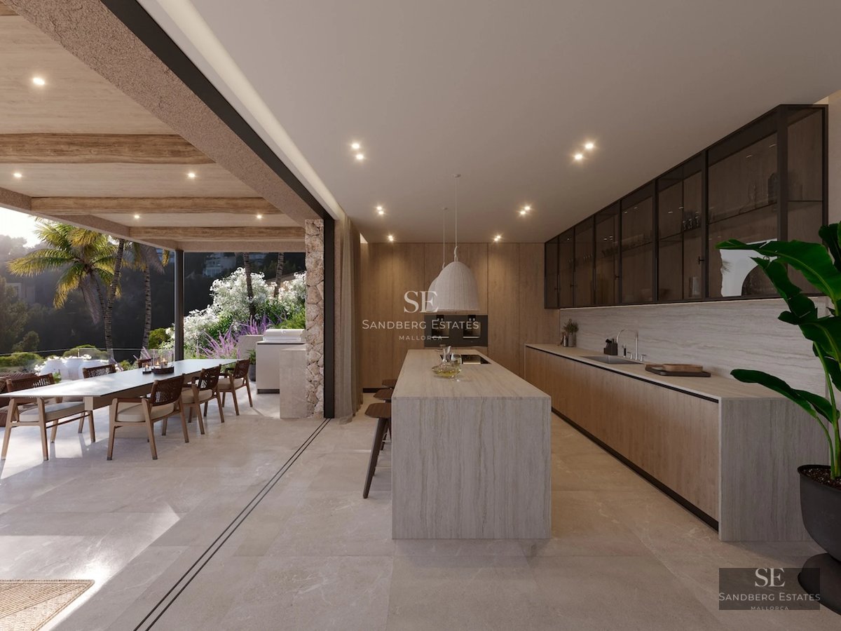 Modern facade with reflective pool. Minimalist architecture, large windows, ambient lighting. Manicured landscaping.