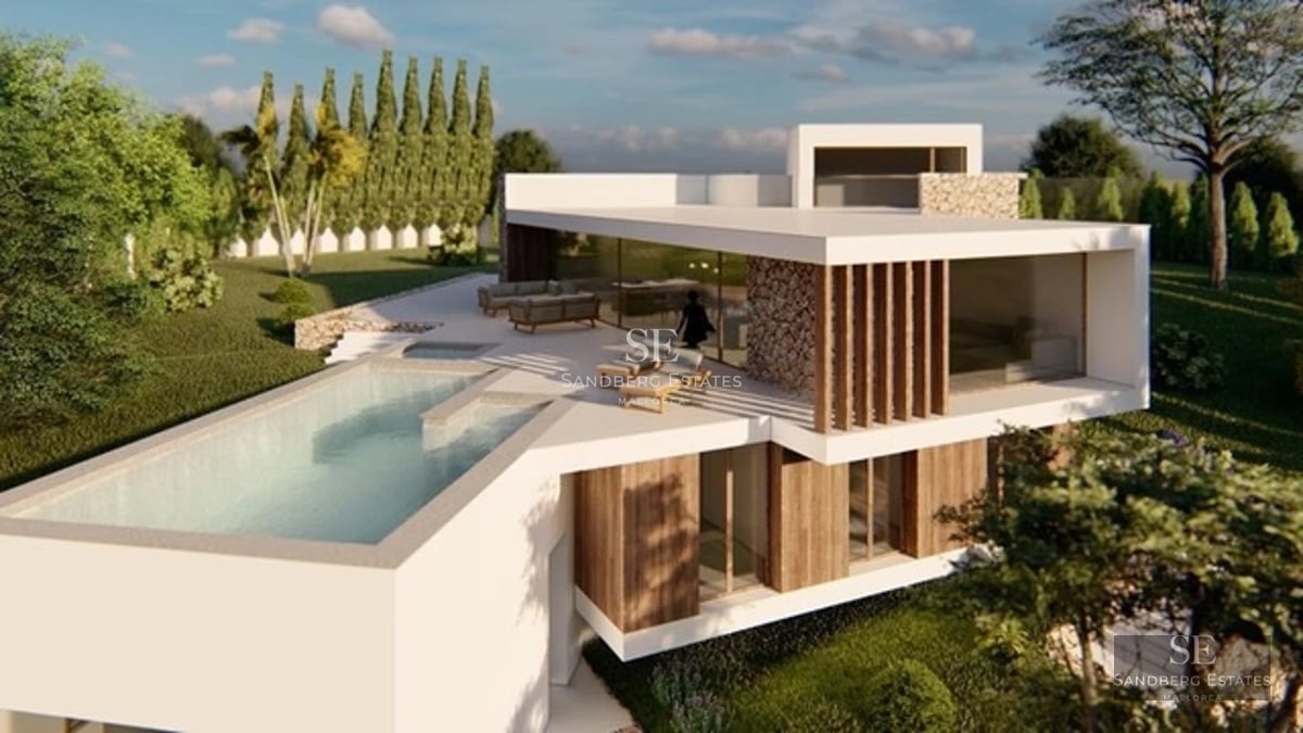 Exterior view of a modern villa with an infinity pool, lush garden, and large windows. Minimalist and luxurious architecture.