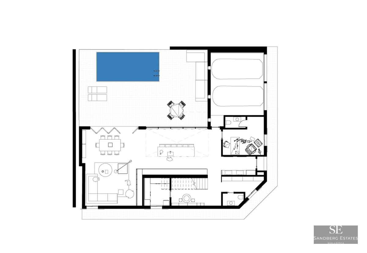 Exterior view of a modern villa with pool, sun loungers, and vegetation. Minimalist architectural design, spacious and bright.
