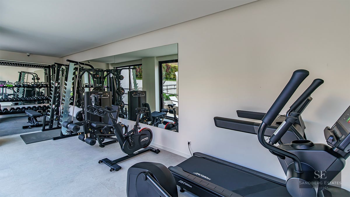 Modern indoor gym with LifeFitness treadmills, a stationary bike, and a multi-gym weight machine.