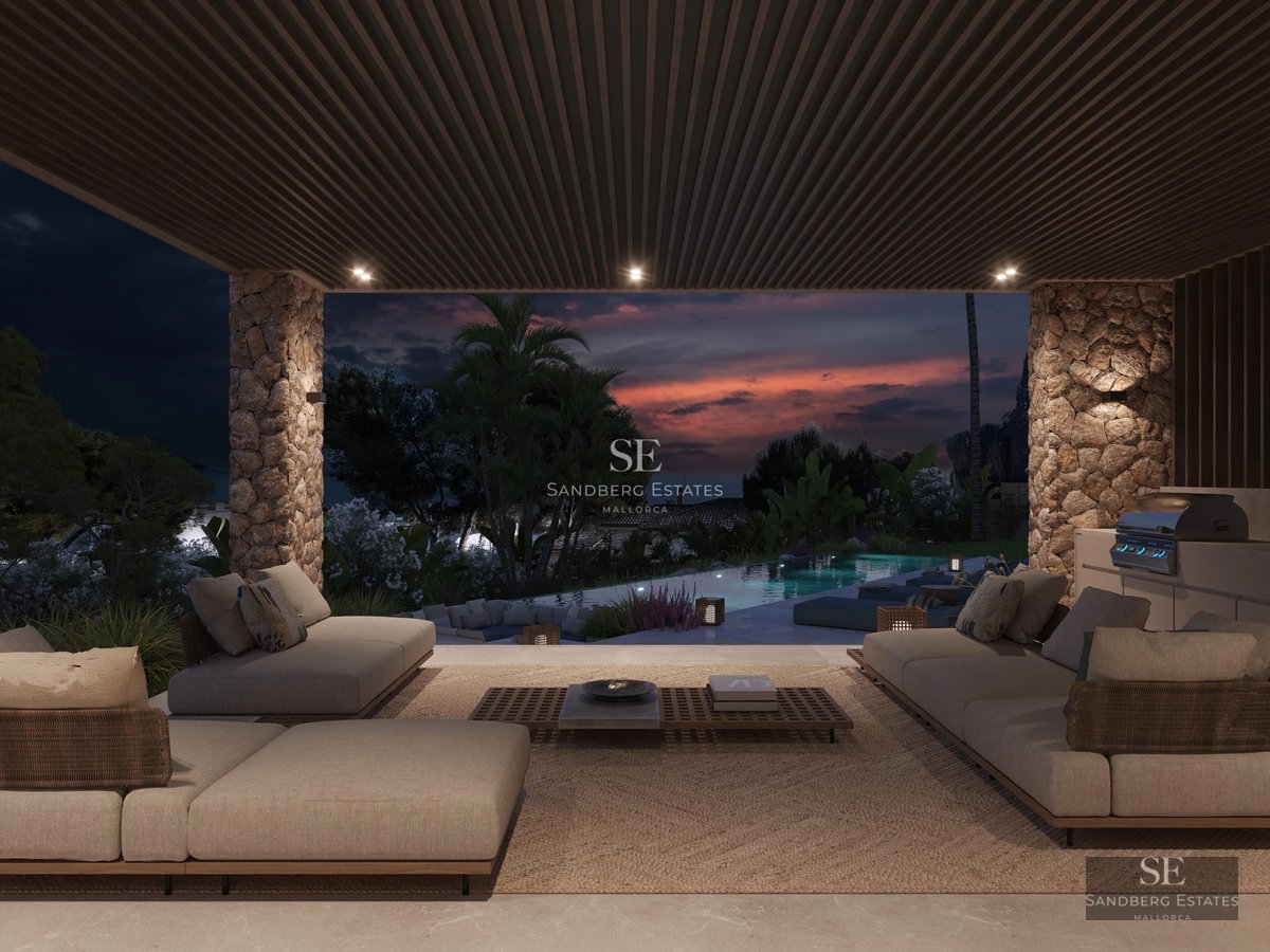Aerial view of modern infinity pool, surrounded by greenery and lounge chairs. Minimalist design and relaxing atmosphere.
