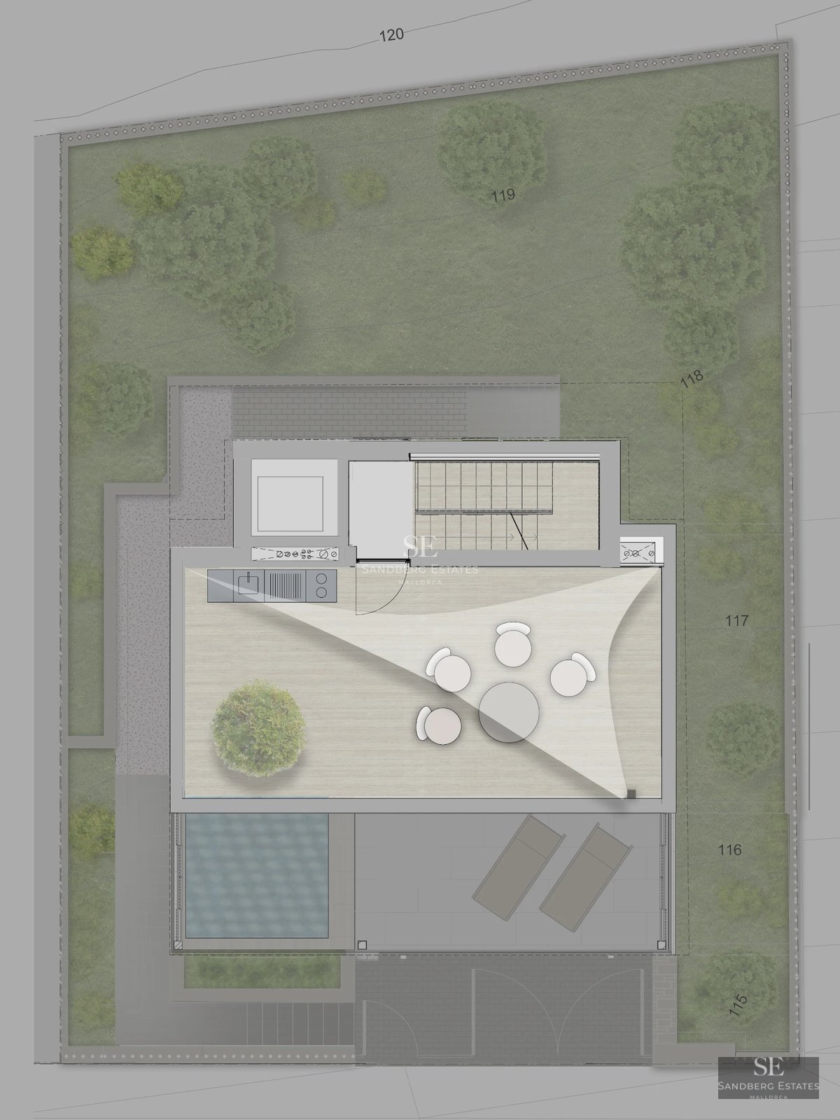 Pool view with sun loungers, surrounded by green lawn. Modern architecture with large windows and white facade.