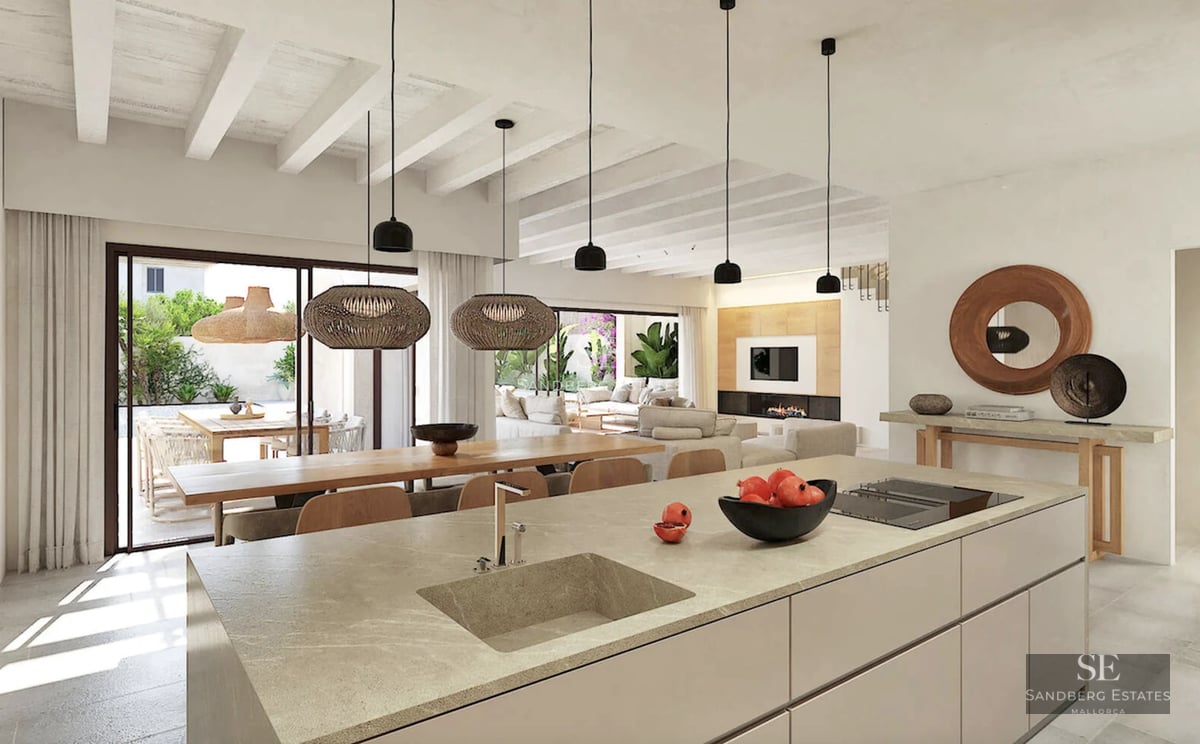 Spacious balcony with panoramic sea views. Modern, elegant furniture. Transparent glass railing.