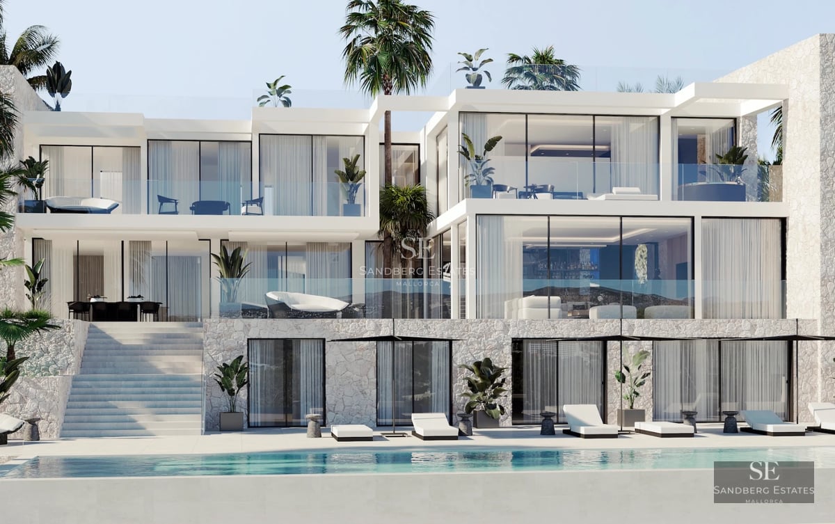 View of infinity pool, sun loungers, and modern house in the background. Sleek design with abundant natural light and neutral color palette.
