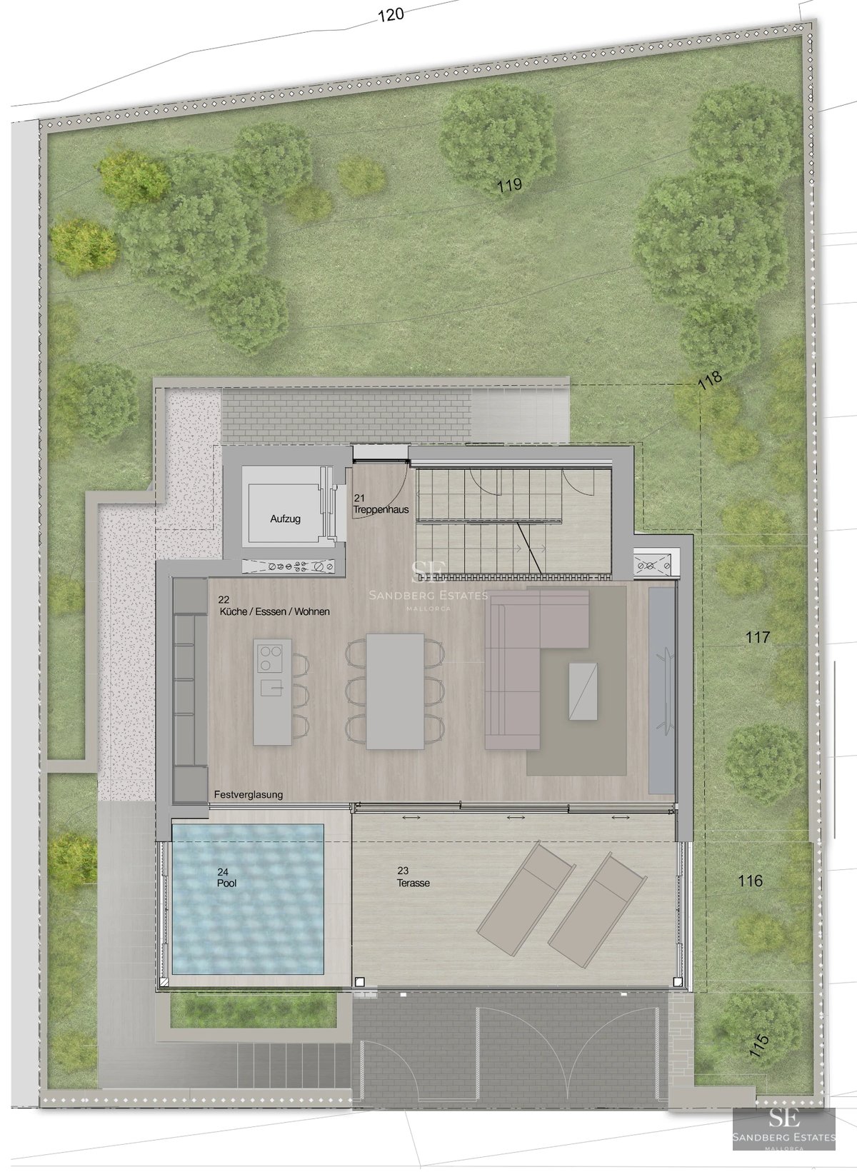 View of a modern villa with an infinity pool. Minimalist architecture, large windows and manicured landscaping. Luxurious design.