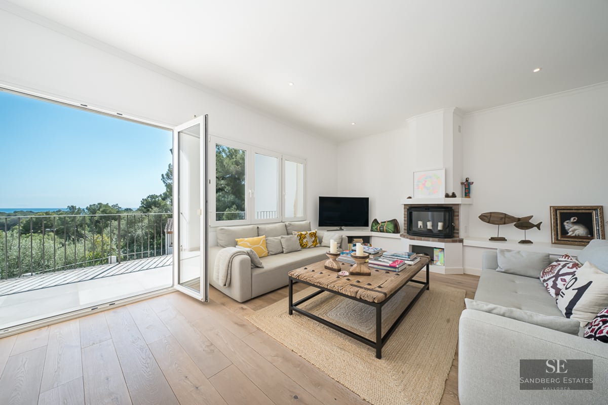 Salon spacieux avec canapés, table basse en bois rustique, cheminée et balcon offrant une vue sur les arbres et la mer.