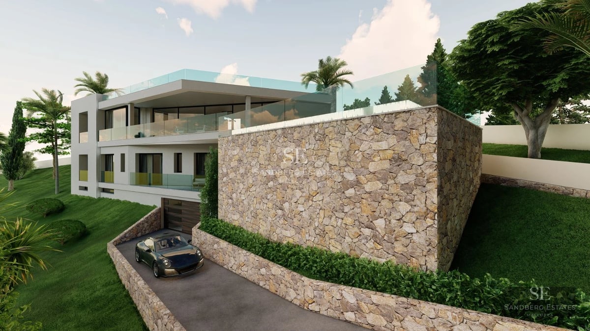 Exterior view of a modern villa with infinity pool, manicured garden, and large windows. Minimalist architecture.