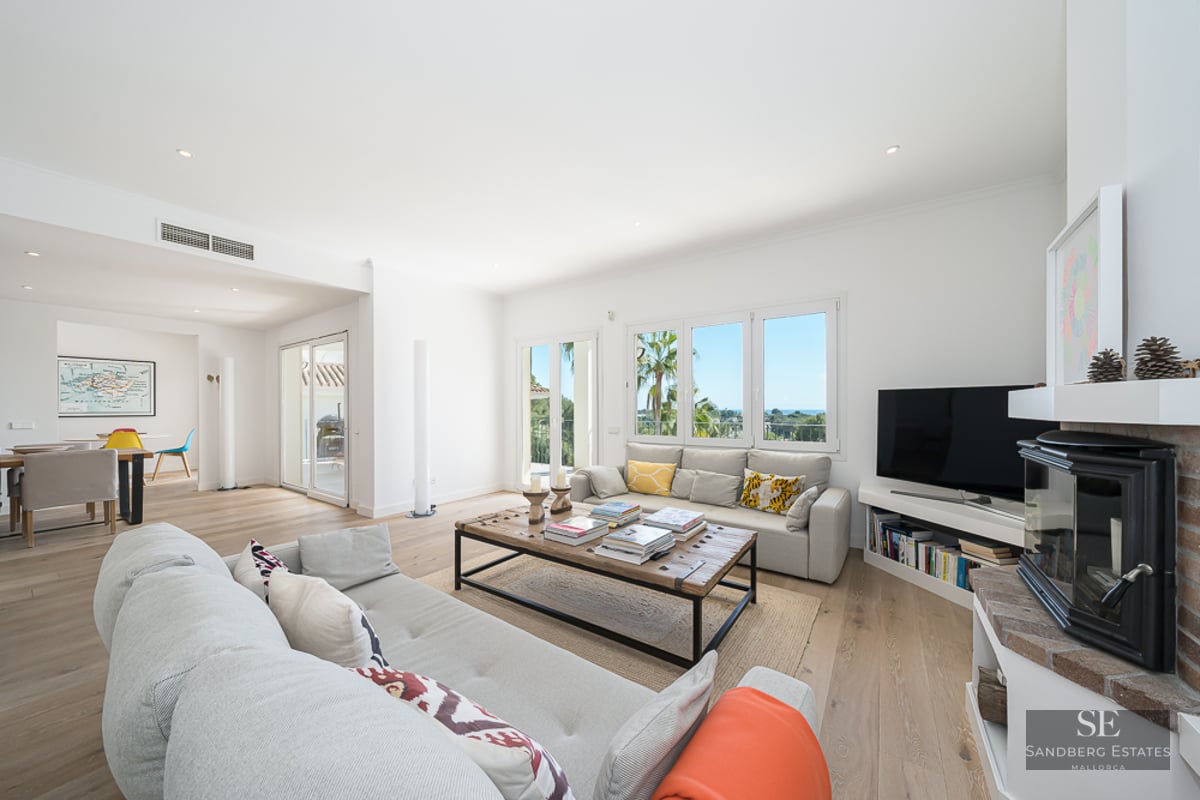 Salon lumineux avec canapés gris, table basse en bois, cheminée et grandes fenêtres donnant sur la verdure.