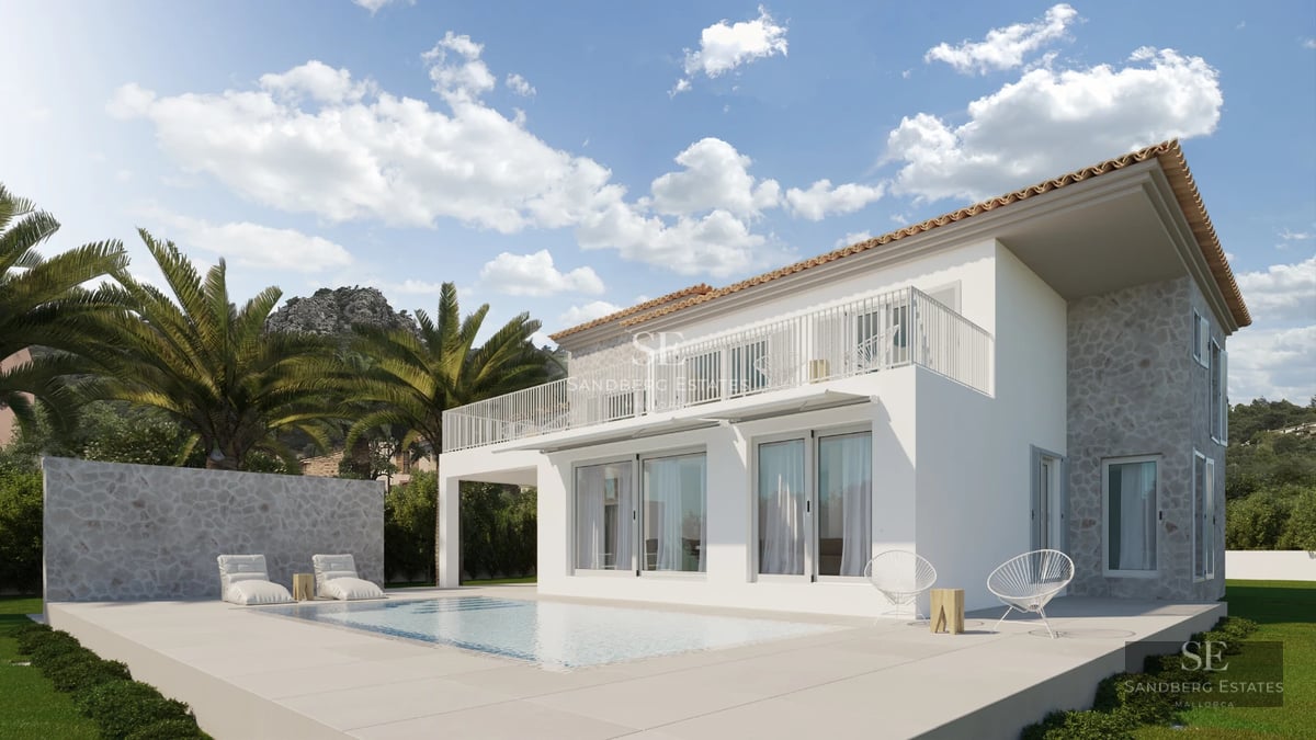 Spacious terrace with pool, modern furniture, panoramic views, elegant awning, and lush greenery. Minimalist architectural design.