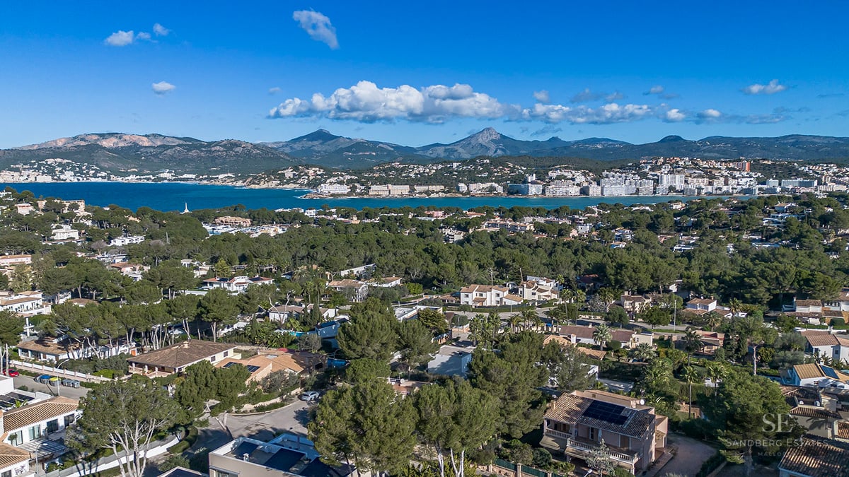 High-angle aerial shot of luxury villas nestled in pine trees overlooking a blue sea bay and distant mountain range.