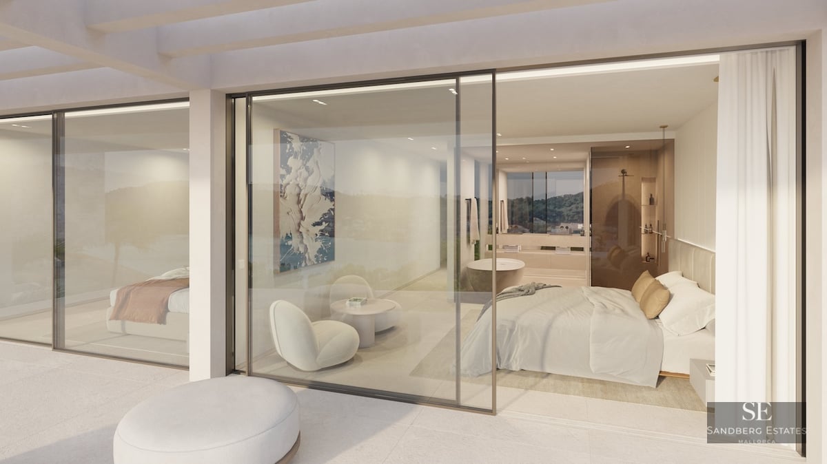 Modern master bedroom with floor-to-ceiling glass doors, neutral decor, and a freestanding bathtub in the background.