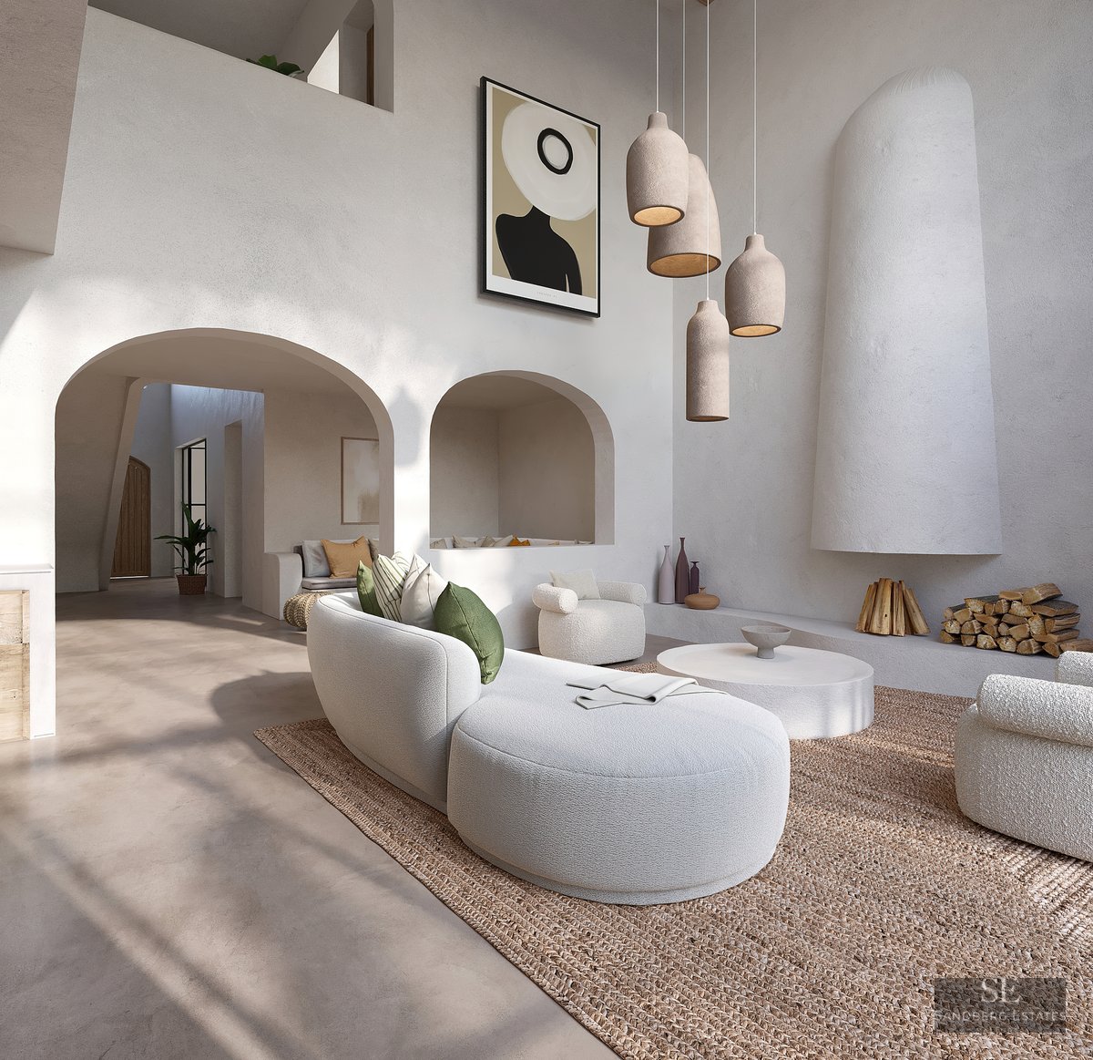 Elegant white living room featuring curved bouclé sofas, a sculptural fireplace, and textured plaster arches.