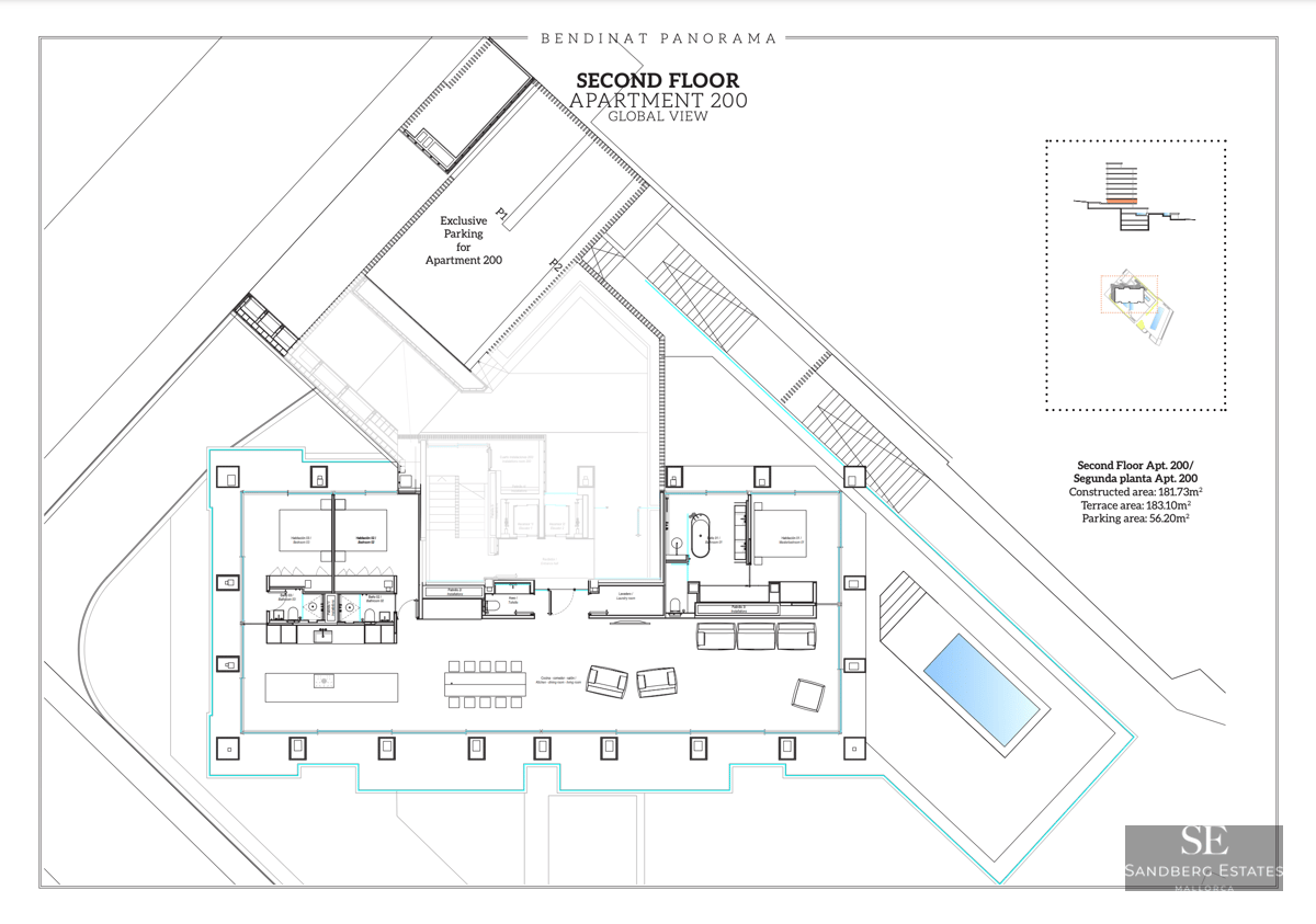 Architectural floor plan of a luxury 3-bedroom apartment with a large terrace and private pool.