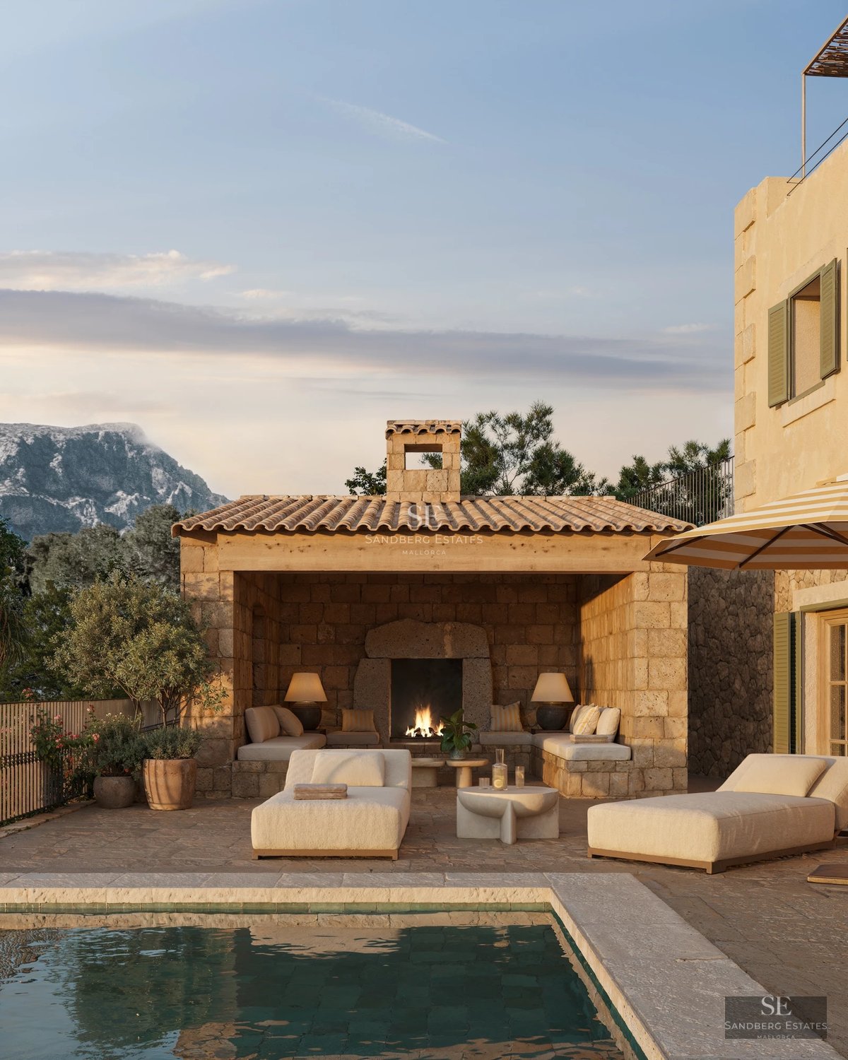 View of a modern villa with a pool. Minimalist design, large windows, natural light, and lush vegetation.