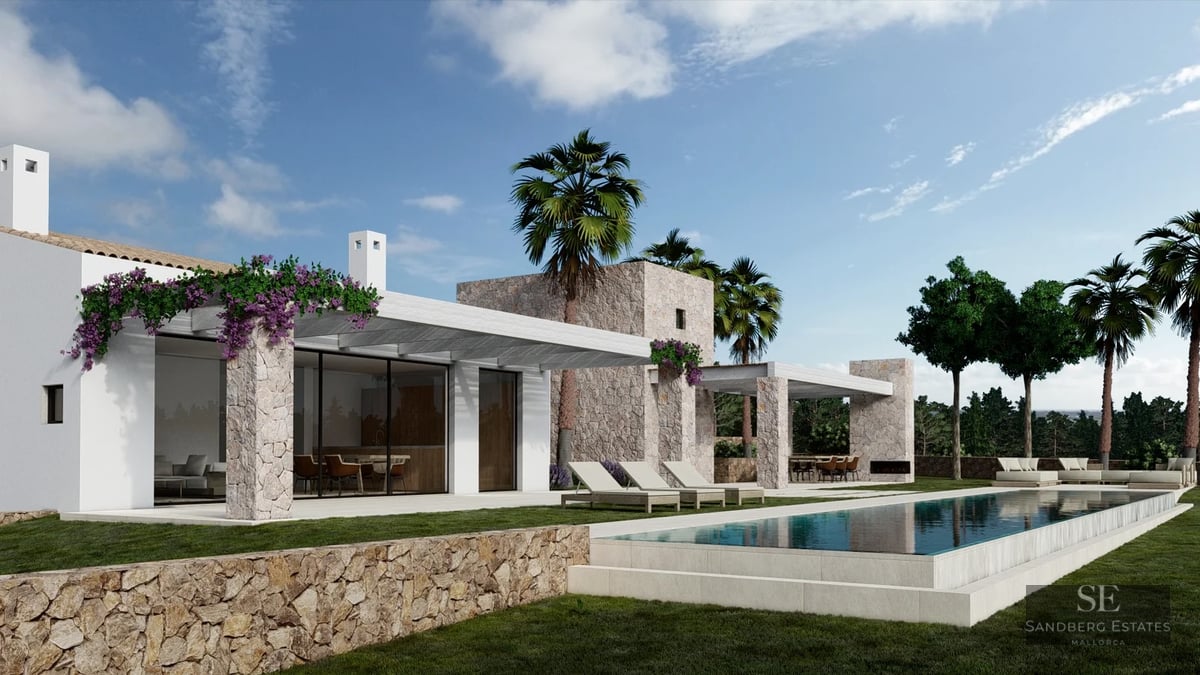 Modern stone and white villa with a long swimming pool, sun loungers, and palm trees under a blue sky.