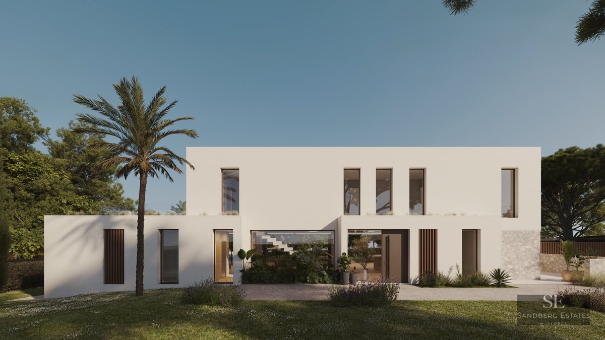 Modern white two-story villa with large glass windows and lush garden featuring a palm tree.