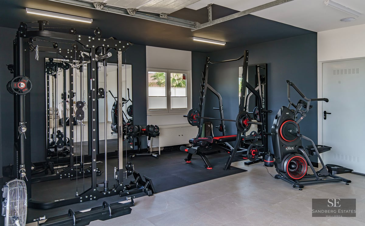 Professional home gym with black weight machines, squat rack, cardio equipment, and large mirrors against dark grey walls.