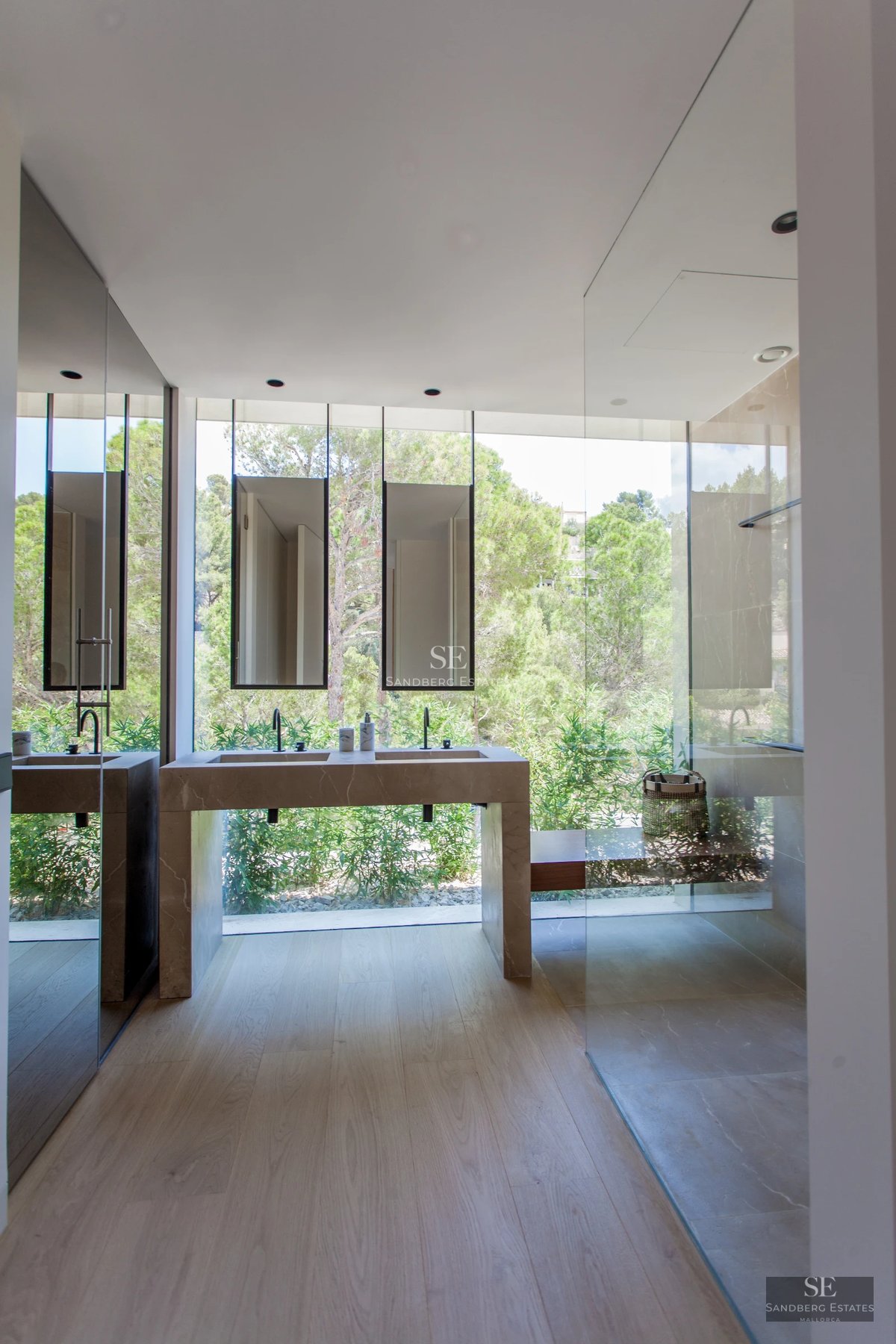 Modern villa with minimalist facade, reflecting pool, large garden and clear blue sky. Contemporary architecture.