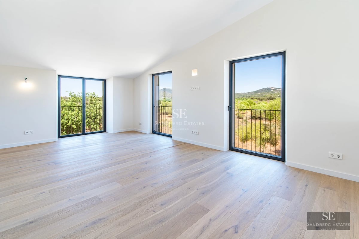 Exterior view of a modern villa with pool, garden area, and large windows. Minimalist and elegant design.