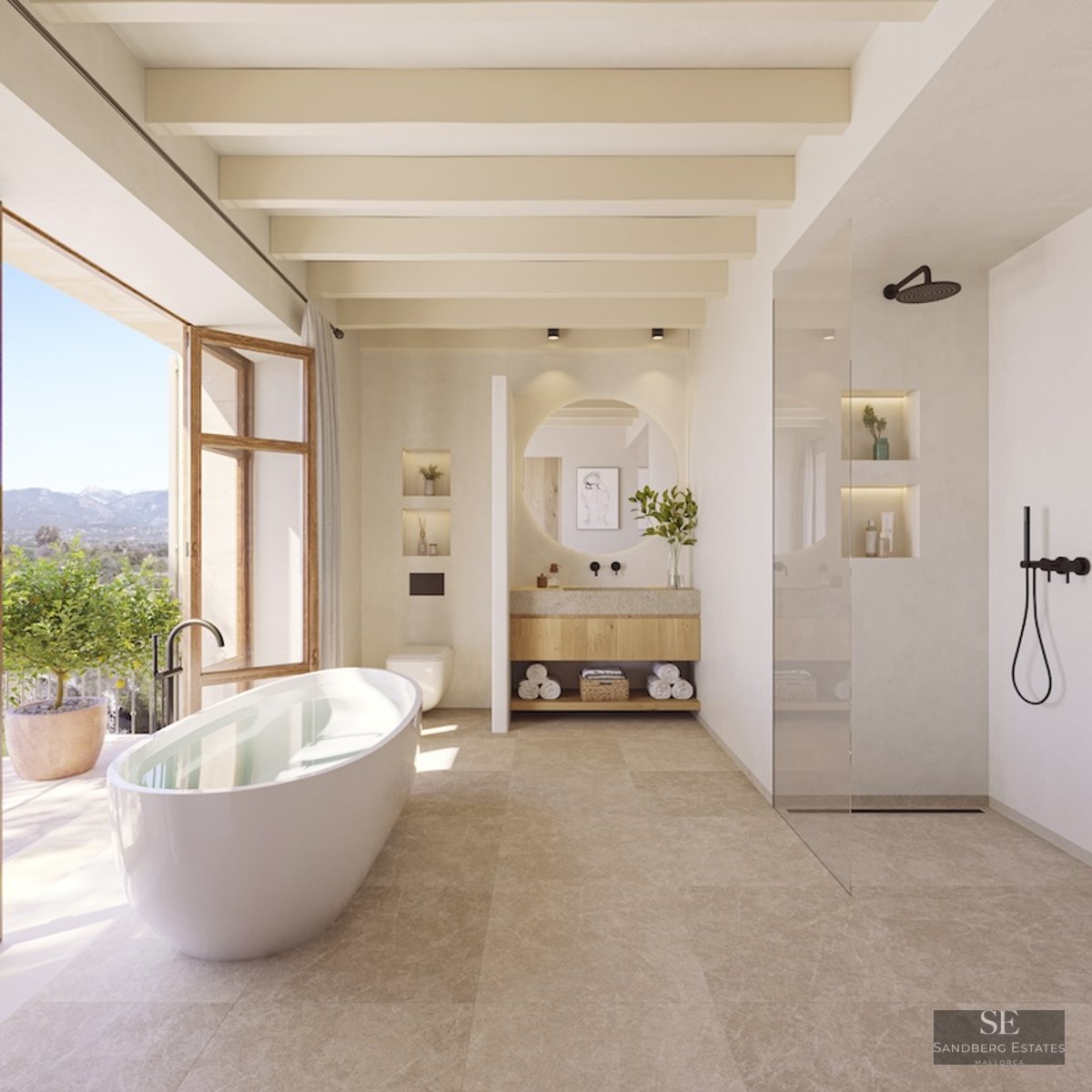 Modern bathroom featuring a freestanding tub, glass shower, and large windows opening to a mountain landscape.