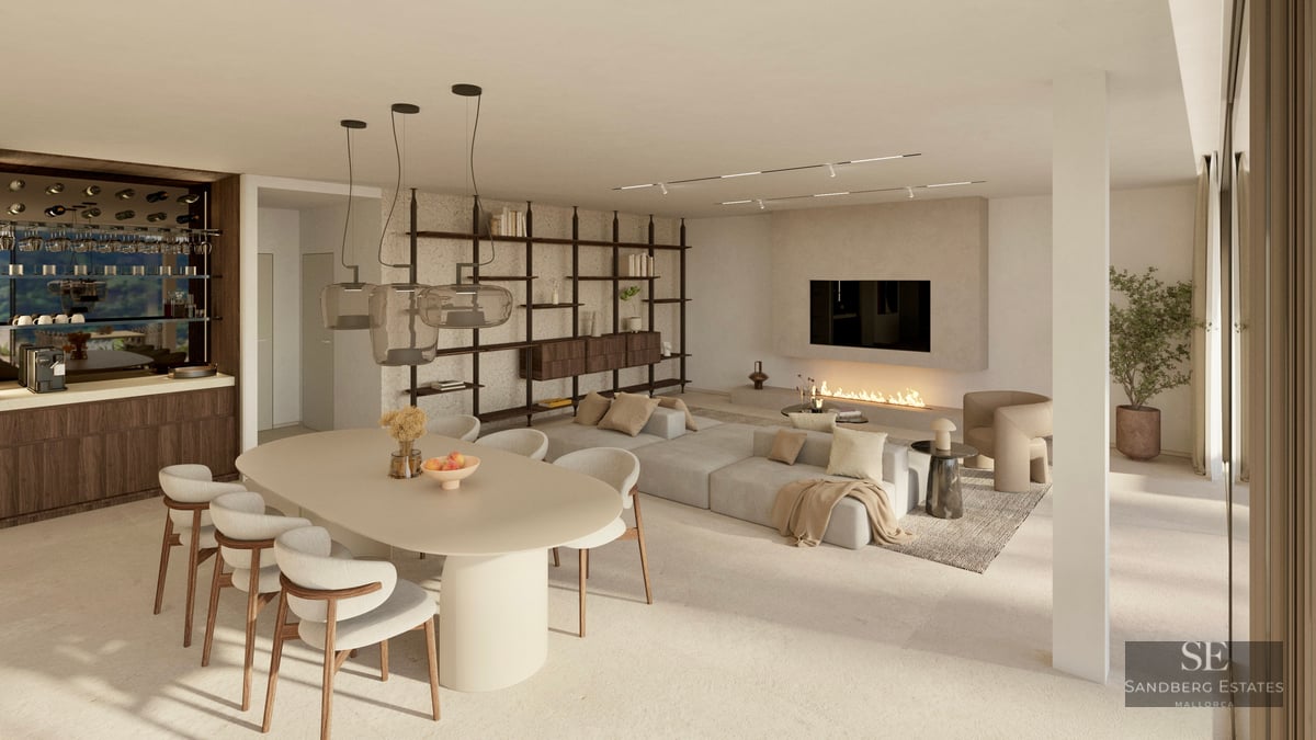 Modern open-plan living room with large dining table, modular sofa, minimalist fireplace, and designer lighting.