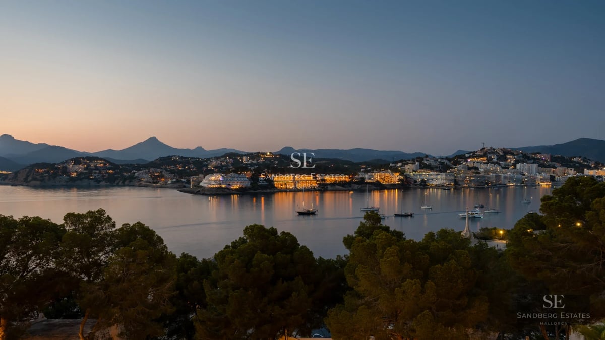 Exterior view of a modern villa with a turquoise pool, surrounded by greenery and with ample relaxation and sunbathing areas.