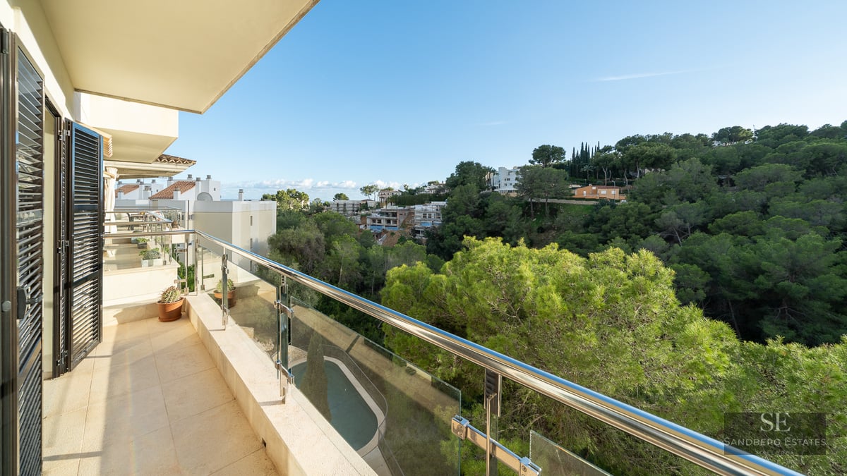 Wide terrace with glass railing overlooking a lush green forest and a swimming pool below.