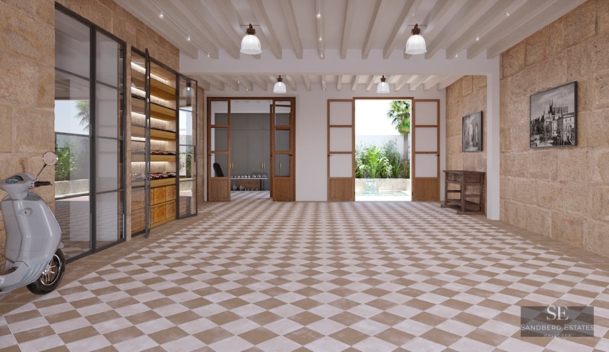 Spacious indoor garage with checkered tiles, stone walls, wooden beams, wine storage, and a white scooter.