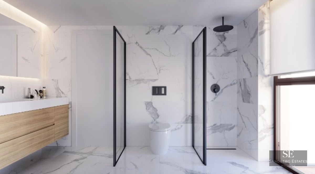 Contemporary bathroom featuring marble walls, a walk-in shower with black frames, and a wooden floating vanity.