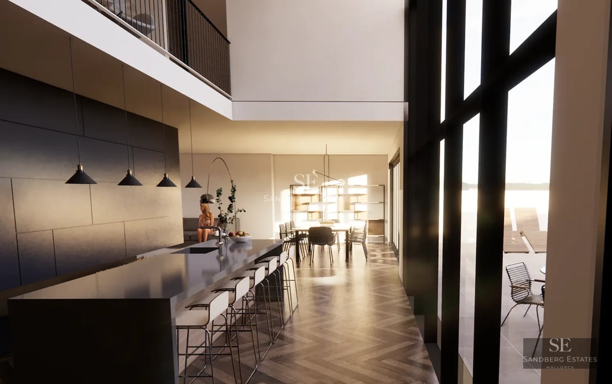 Spacious balcony with panoramic sea views. Modern design with glass railing and elegant furniture for enjoying the outdoors.