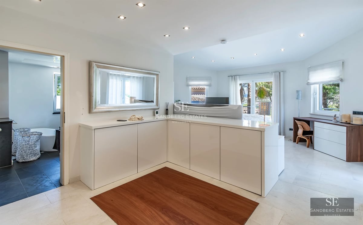 View of pool, garden, terrace with modern furniture. Minimalist design, natural lighting, high-quality finishes.