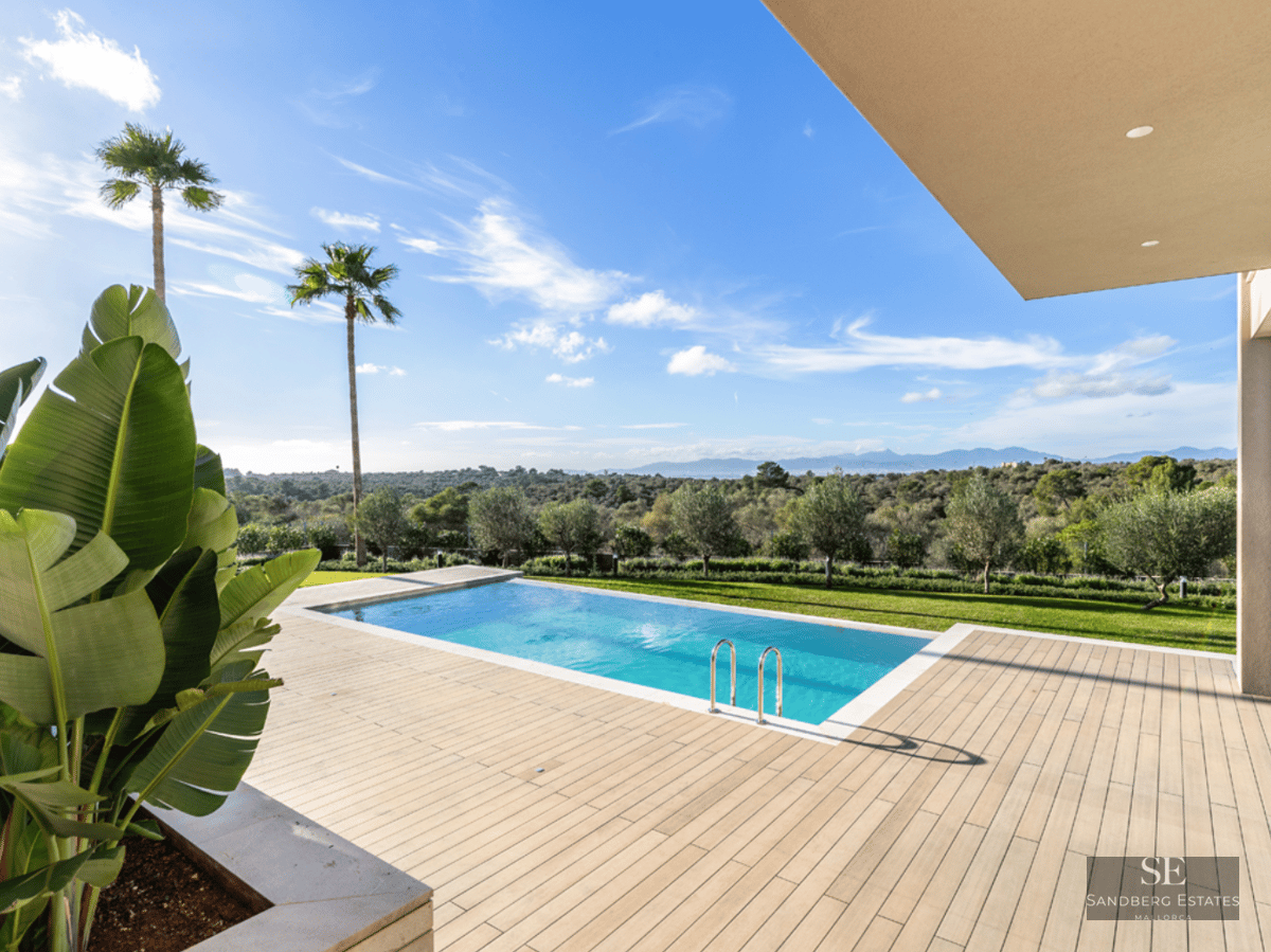 Rectangular blue pool on a light wood deck surrounded by palm trees overlooking a lush green valley.